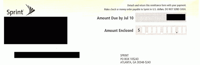 Sprint phone bill with entry space up to the millions